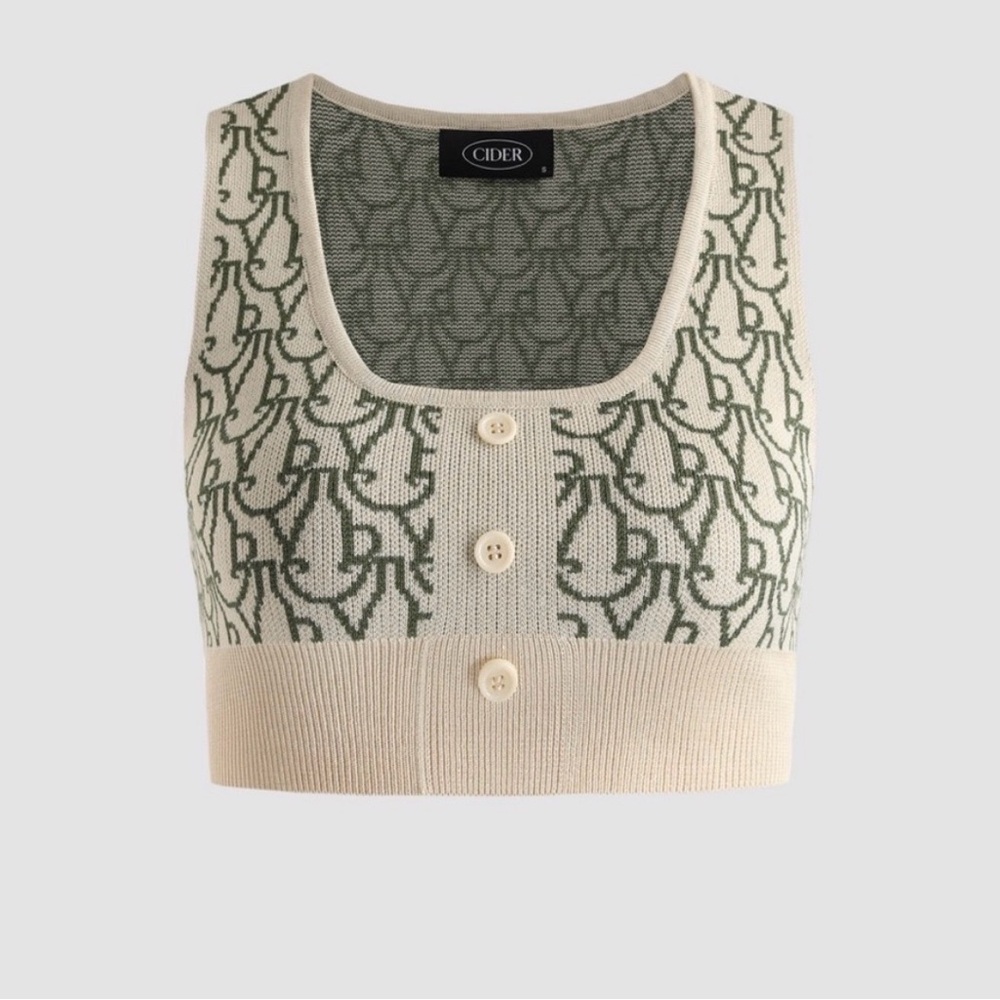 Cider S Cream Green Knit Sweater Vest Crop Top Square Neck Geometric Pattern